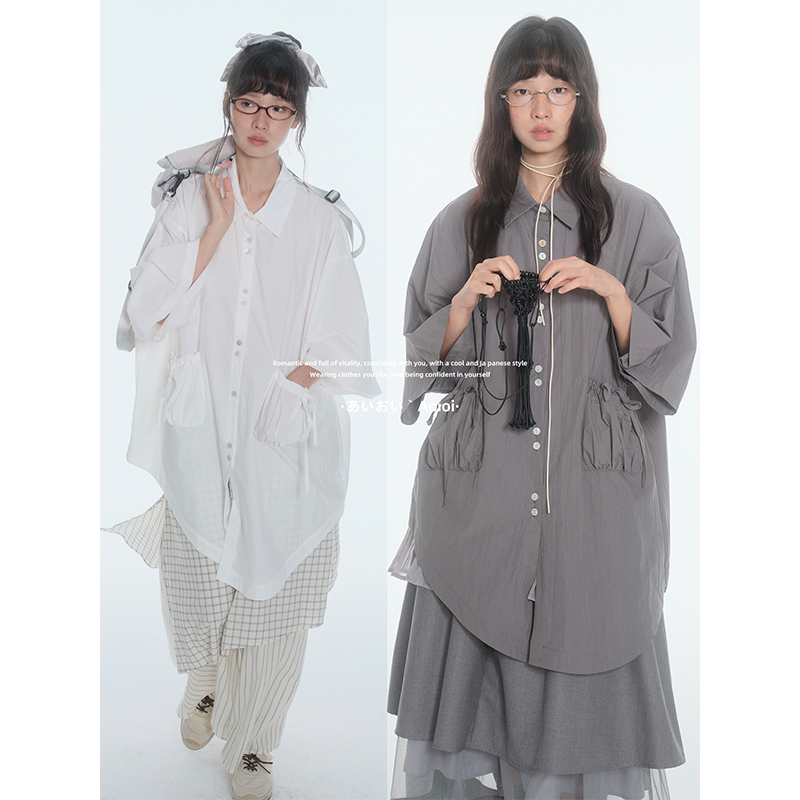 Aoioi Japanese Retro Floral Pocket Shirt Dress for Women, Summer Loose Slimming Design A-Line Mid-Length Skirt