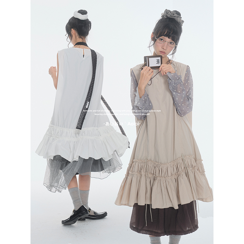 Aoioi Japanese Vintage Heavy-Duty Pleated Sleeveless Tank Dress for Women, Summer Loose Design A-Line Mid-Length Skirt Aoioi Japanese Vintage Heavy-Duty Pleated Sleeveless Tank Dress for Women, Summer Loose Design A-Line Mid-Length Skirt