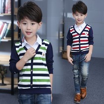Boys fake two-piece shirt collar spring and autumn clothes 2023 new middle and big childrens pure cotton long-sleeved childrens striped bottoming shirt tide