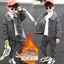 Boy gushed denim suit thickened 2021 autumn winter new CUHK Tong Winter clothing jacket pants two sets of foreign air