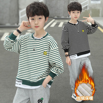 Boys pure cotton sweater plus velvet thickening 2022 new childrens autumn and winter clothes tops big childrens round neck bottoming shirt tide