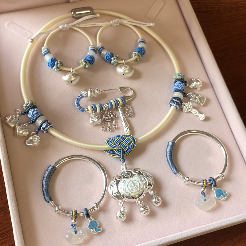 Baby Pure Silver Bracelet Longevity Lock Silver Jewelry Set Pure Silver 999 Year of the Snake Newborn Baby Full Month Birthday Gift