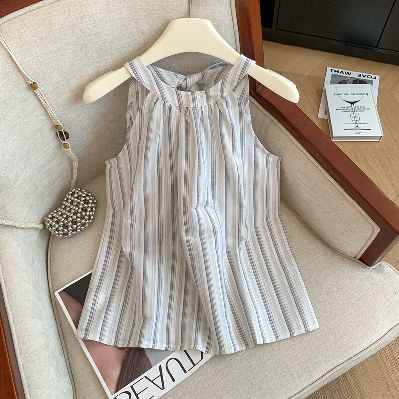 Classic Striped Halter Neck Sleeveless Shirt for Women, Summer 2026 New Korean Style, High-End Tie-Up Loose Tank Top