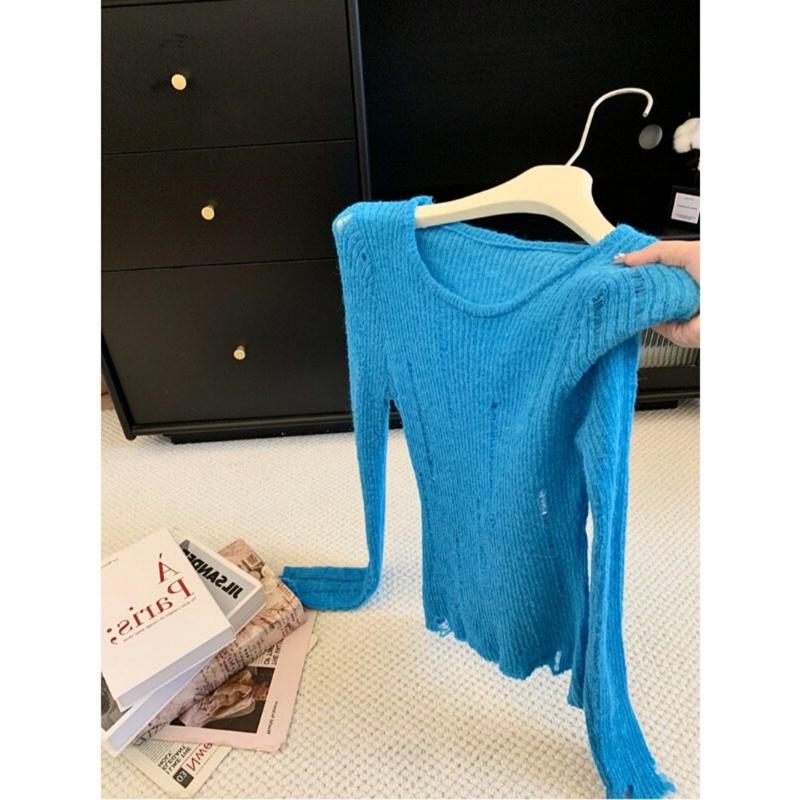 Pure Desire U-Neck Distressed Ripped Long-Sleeve Knit Sweater for Women, 2026 Autumn New Style, Elegant Slim-Fit Base Sweater Pure Desire U-Neck Distressed Ripped Long-Sleeve Knit Sweater for Women, 2026 Autumn New Style, Elegant Slim-Fit Base Sweater