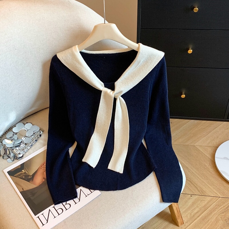 College Style Pure and Desirable Design Knitwear, Age-Reducing Sailor Collar Shawl Knitwear, Versatile Sweater for Women