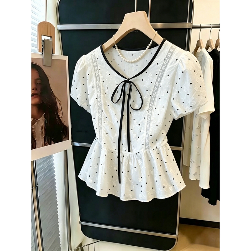 Guangzhou Thirteen Lines High-End Women's Clothing French Polka Dot Puff Sleeve Shirt Women's Summer Lace-Up Loose Babydoll Top