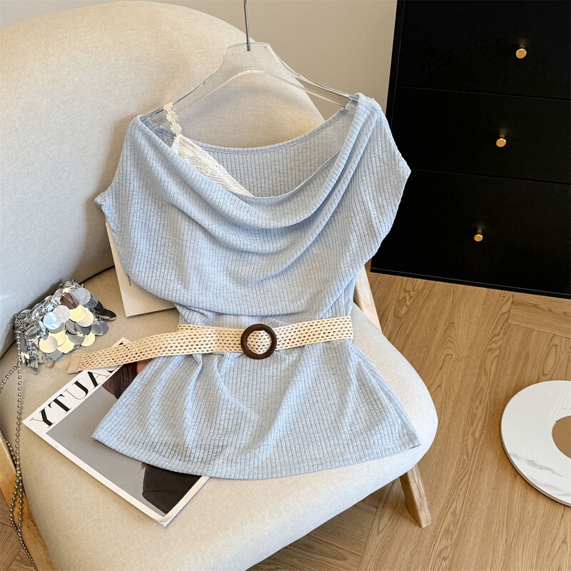 High-End Brand Women's Clothing with Cut Labels, Bohemian Style, Flared Collar, Lace Patchwork, Faux Two-Piece, Asymmetrical Shoulder Short-Sleeve Top