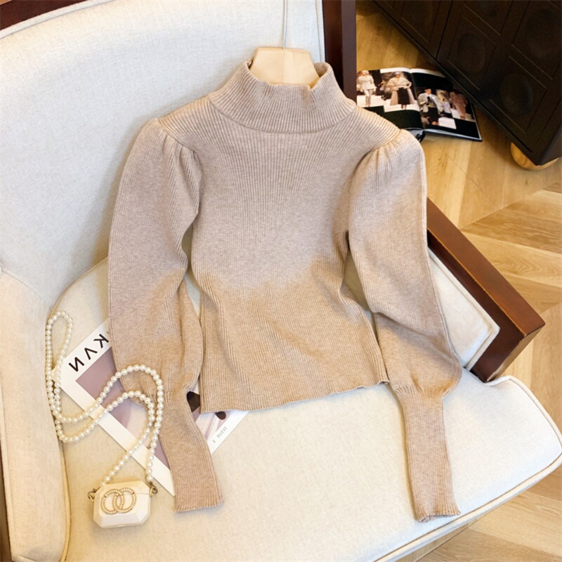 French-Style Half-High Collar Lantern Sleeve Knit Sweater for Women, 2026 Autumn New Pullover Sweater, Slimming and Versatile Base Top French-Style Half-High Collar Lantern Sleeve Knit Sweater for Women, 2026 Autumn New Pullover Sweater, Slimming and Versatile Base Top
