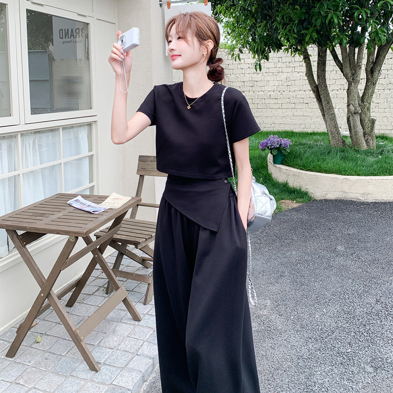 Black Mature Style, Chic and Stylish, Slimming T-Shirt Set for Women, New Summer Fashion, Trendy Casual Wide-Leg Pants Two-Piece Set Black Mature Style, Chic and Stylish, Slimming T-Shirt Set for Women, New Summer Fashion, Trendy Casual Wide-Leg Pants Two-Piece Set