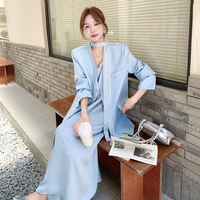 Blue High-End Light Luxury Casual Suit Two-Piece Dress Autumn New Style Drapey Slimming Suspender Long Dress Blue High-End Light Luxury Casual Suit Two-Piece Dress Autumn New Style Drapey Slimming Suspender Long Dress