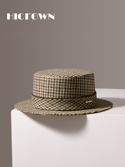 Autumn and winter new houndstooth woolen flat-top hats for men and women retro British style flat-brimmed gentleman's hat old money style