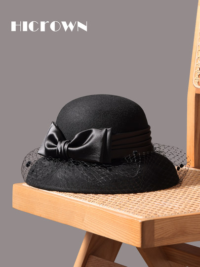 Autumn and winter new black woolen hat for women French retro mesh rabbit velvet beanie veil Hepburn basin hat