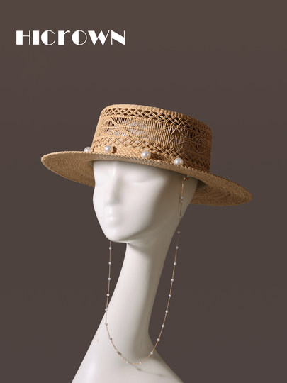 French-Style Hand-Woven Hollow-Out Raffia Straw Hat for Women, Summer Pearl Chain Vacation Sun Hat, Flat-Top Hat, Travel Accessory