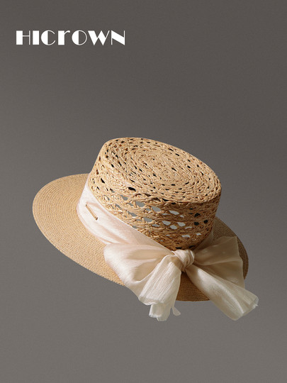 Summer New Style Raffia Hat for Women, Hollow Flat Brim, Vacation Sunshade, Breathable Straw Hat, Elegant Retro Style with Bow