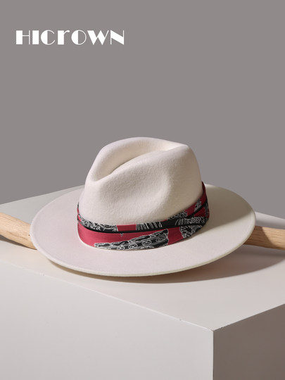 Autumn and winter white woolen European and American hats for men and women, British style, contrasting print, elegant travel warm black felt hat