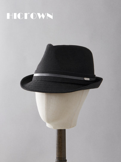 Autumn and winter new pure black wool jazz hat for men with large head circumference, European and American British fashion, cool and handsome, middle-aged and elderly