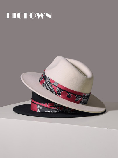 Autumn and winter white woolen European and American hats for men and women, British style, contrasting print, elegant travel warm black felt hat