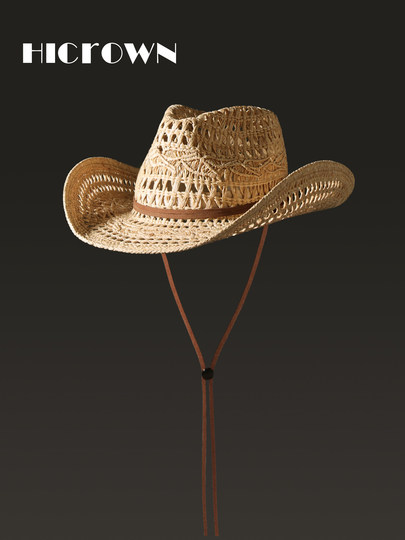 Versatile Straw Hat for Summer Outings, Rolled Brim, Wide Brim, Hollowed Out, Vacation Sunshade, Breathable, Western Cowboy Style, Fashionable
