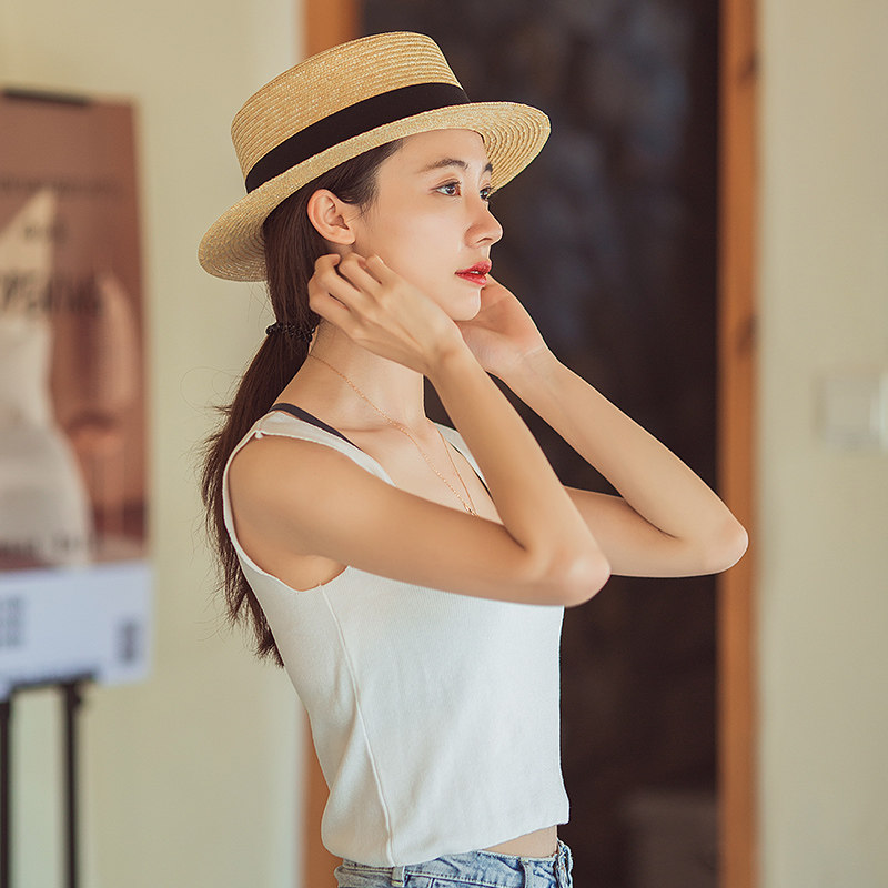 INS new net red with the same straw straw flat top flat edge sunscreen UV British top hat small edge straw hat shade women's summer