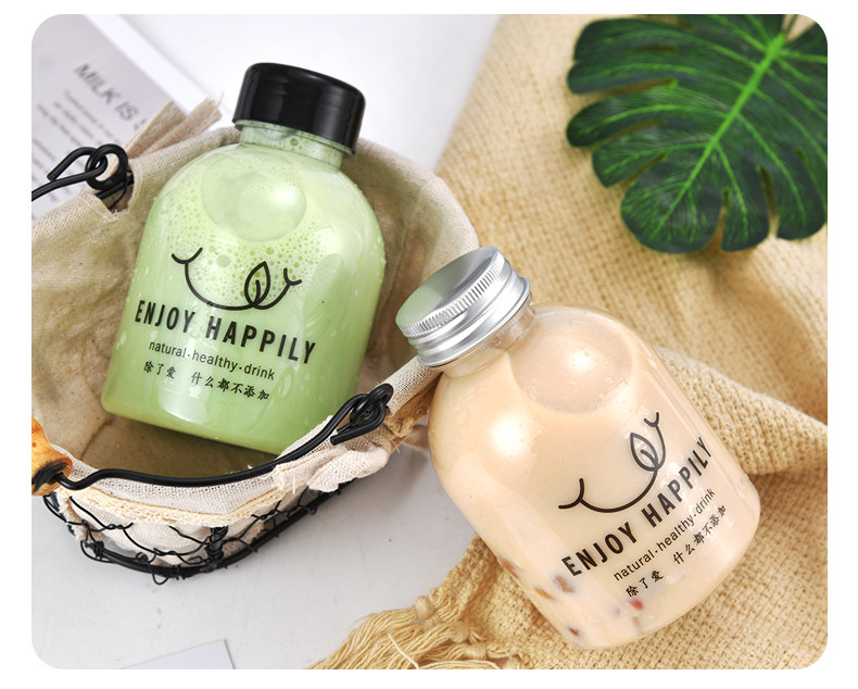 New fruit tea milk tea 400ML big mouth drink bottle PET bottle round plastic bottle black cap honey juice bottle