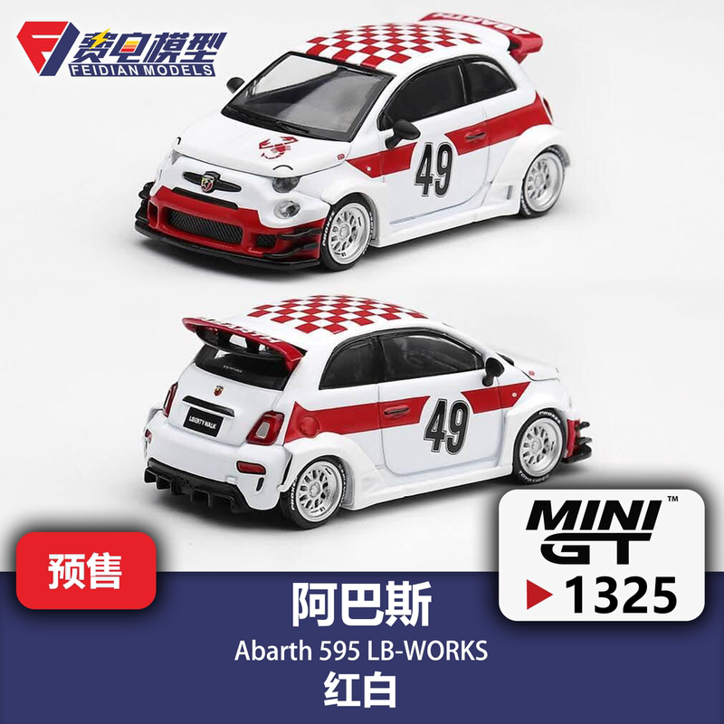 Minigt 1:64 # 1325 Fiat Abarth 595 lb Wide-Body Red and White Alloy Car Model