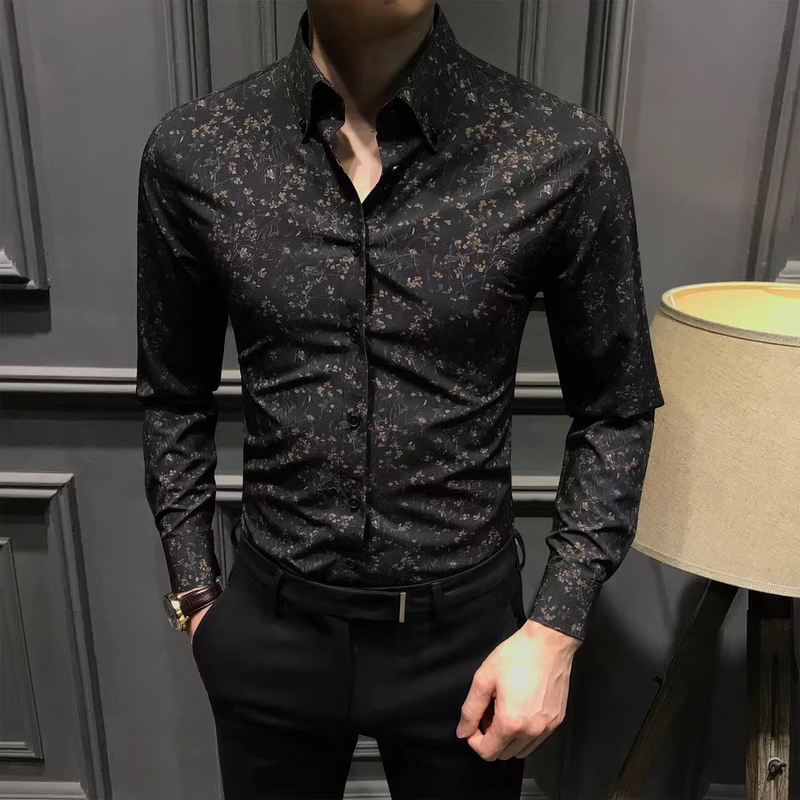 Trendy Floral Men's Long-Sleeve Shirt 2026 Spring and Autumn New High-End Printed Shirt Casual Slim-Fit Top Wrinkle-Free