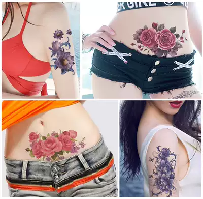 10张大图花臂彩色玫瑰牡丹花性感持久仿真手脚背影楼刺青女纹身贴