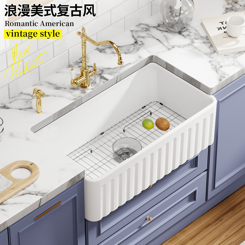 Fireclay Modern Kitchen Sink Front-Mounted Ceramic Dishwashing Basin Farmhouse American Retro Built-In Large Single Bowl