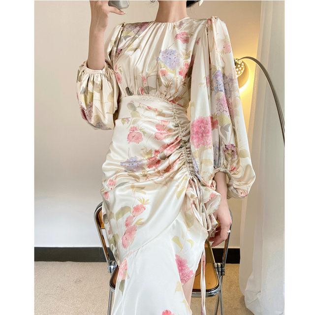 2022 Autumn New French Printing Niche Advanced Design Lantern Sleeve Irregular Fishtail Hip Dress