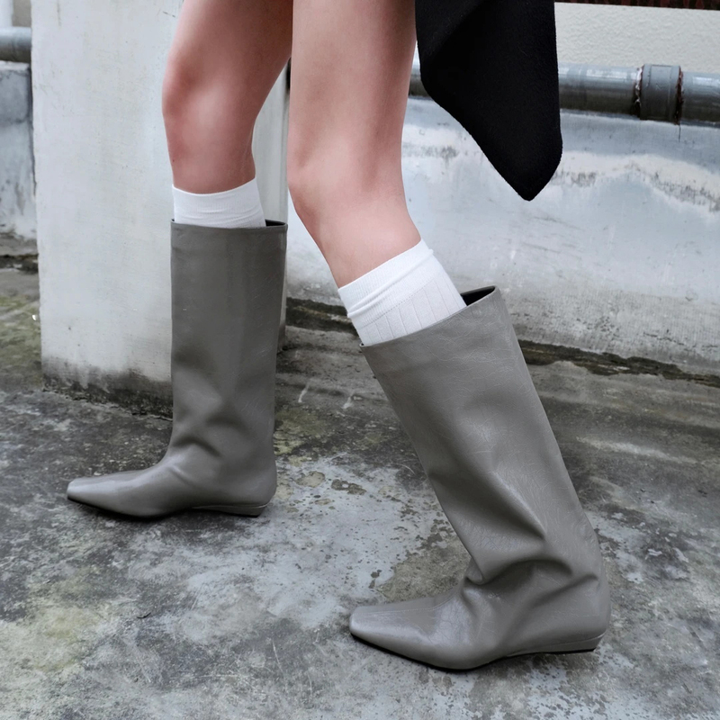 Cowhide Version ~ New Autumn and Winter Square-Toe Wedge High-Tube Mid-Tube Loose Slip-On Over-The-Knee Long Boots Riding Boots for Women