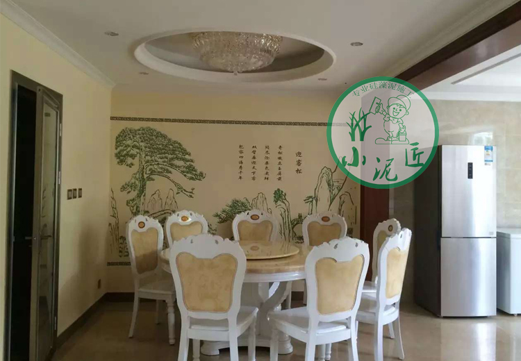 成都环保墙面涂料硅藻泥施工迎客松壁纸花电视