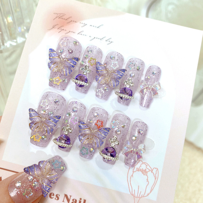 ins Fantasy Purple Manicure Wearable Nails Medium Length Butterfly Planet Diamond-Encrusted Three-Dimensional Relief High-End Fake Nails