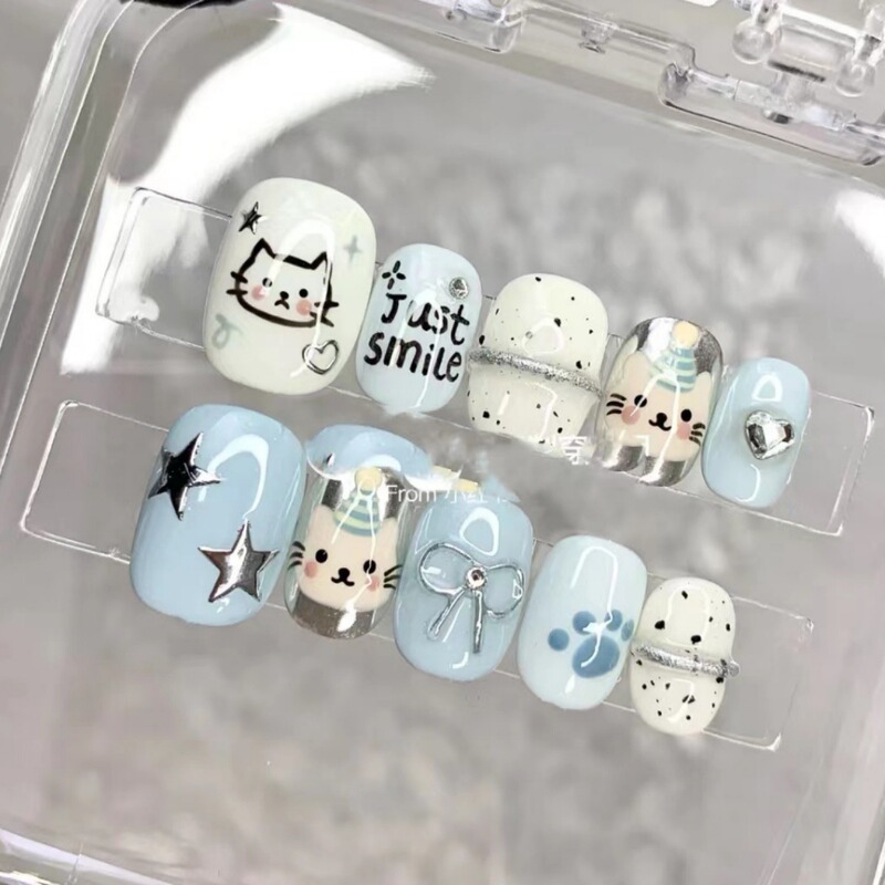 Handmade Wearable Nails ins Fresh Blue Cute Cartoon Hand-Painted Puppy Whitening Short Nail Art Fake Nail Stickers