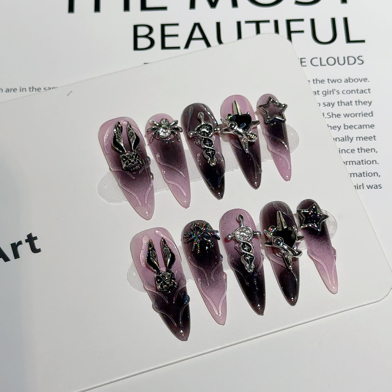 Unique Trendy Autumn and Winter Black Blush Gradient Three-Dimensional Rabbit, Star, and Spider Decorative Embossed Press-On Nails