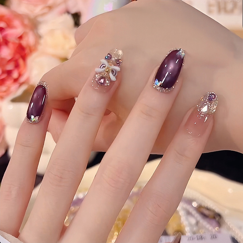 Nine Purple Fire Purple Wearable Nails Short Style Starry Sky Sparkling Diamond Cat Eye High-End Niche Detachable Nail Stickers