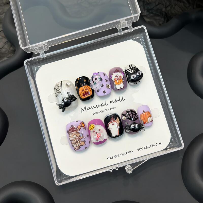Halloween Fun Dark-Themed Handmade Wearable Nails with 3D Spider, Pumpkin, Ghost, Little Monster, Cute Cartoon Holiday Nail Art Halloween Fun Dark-Themed Handmade Wearable Nails with 3D Spider, Pumpkin, Ghost, Little Monster, Cute Cartoon Holiday Nail Art