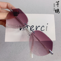 Womens cut edge frameless sunglasses Womens gradient color driving anti-UV large face frameless myopia glasses with power