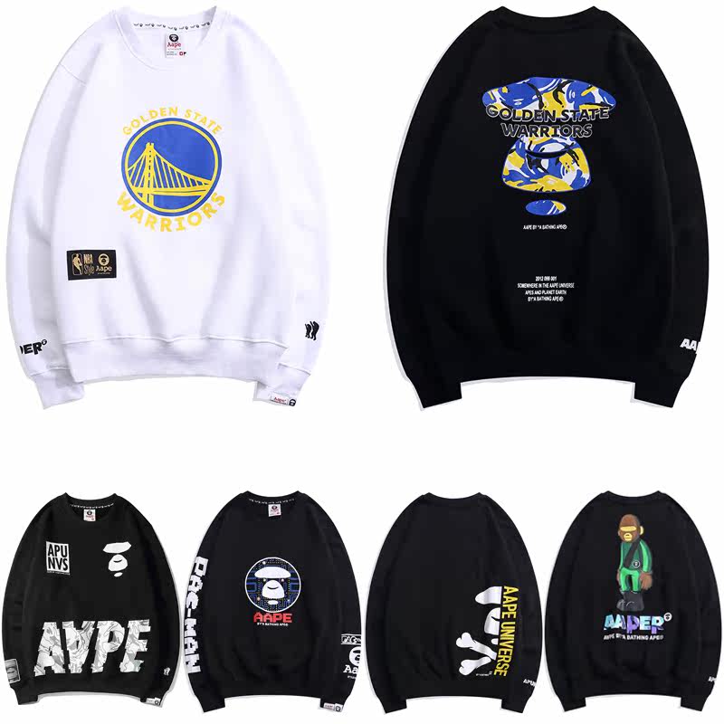 Autumn Winter Ape Tidal-Ape Letters Printed Round Collar Casual Loose Ape lovers cover with velvety thicken thickened cotton T