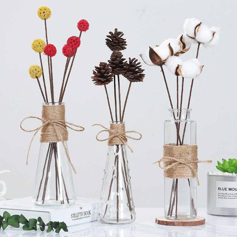 Nordic air-dried flowers small fresh home decoration decoration photo props transparent hydroponic flower arrangement hemp rope vase