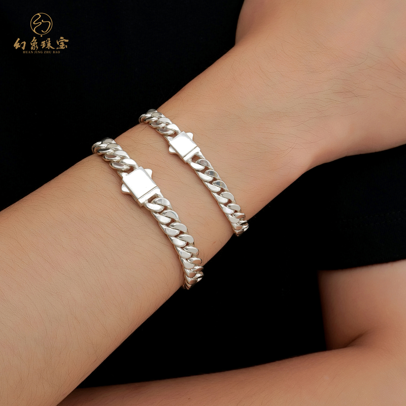 Pure Silver 999 Square Cuban Chain Solid Silver Chain Bracelet Unisex Fashionable Personalized Metal Bracelet Jewelry