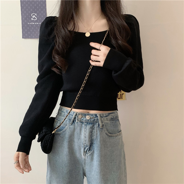 French Retro Square-Neck Black Knitwear 2026 Autumn and Winter Short Style Collarbone-Exposing Top Long-Sleeved Bottoming Shirt for Women
