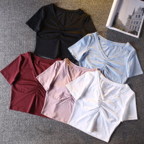 Sexy navel V-neck sports shirt female summer tight-fitting short sleeves elastic fitness quick-dry T-shirt running training yoga suit