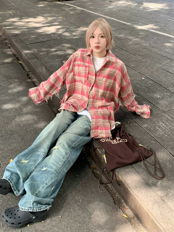 American-Style Plaid Shirt for Women 2024 New Long-Sleeved Spring and Autumn Couple Loose Tassel Frayed Design Shirt Jacket