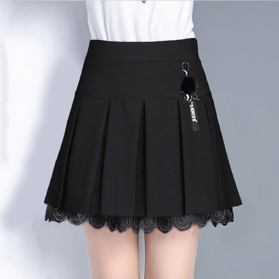 Middle-aged women's skirt lace skirt autumn and winter new elastic waist safety pants black bottom pleated skirt