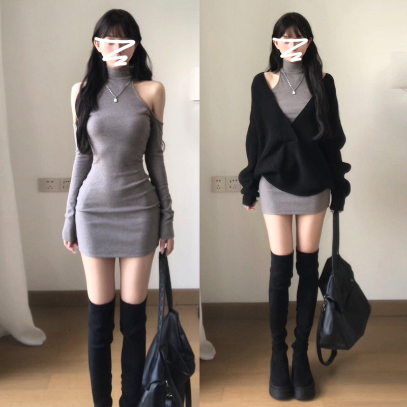 Autumn Black Sweater Layered with Gray Off-Shoulder Dress Set for Women, Korean Style Outfit, Complete Set with Hip-Hugging Short Skirt Autumn Black Sweater Layered with Gray Off-Shoulder Dress Set for Women, Korean Style Outfit, Complete Set with Hip-Hugging Short Skirt