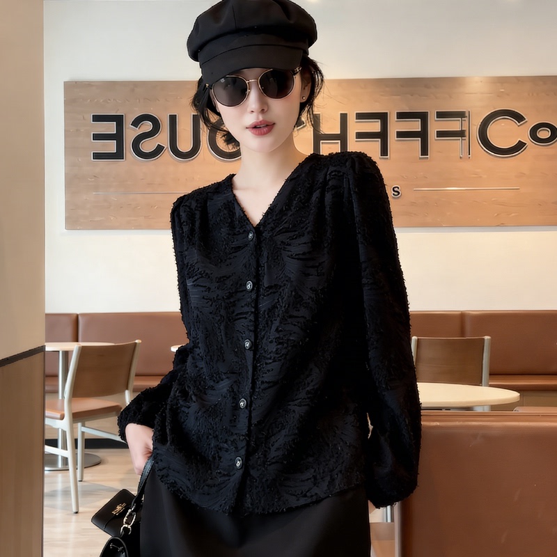 Black Lace V-Neck Long-Sleeved Shirt for Women 2026 Spring New Style High-End Loose Large Size French Cut Out Top Black Lace V-Neck Long-Sleeved Shirt for Women 2026 Spring New Style High-End Loose Large Size French Cut Out Top