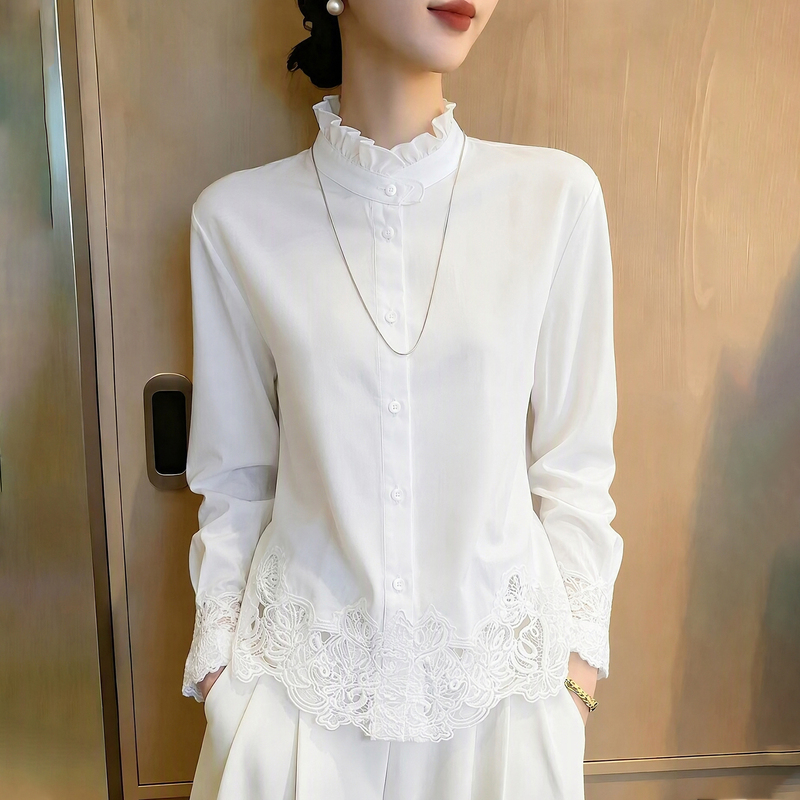 French-Style White Stand-Up Collar Long-Sleeve Shirt for Women, 2026 Early Autumn New Trendy Youthful Commuter Versatile Lace-Trimmed Top