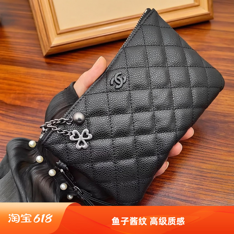 Genuine Leather Phone Clutch Bag for Women, New Caviar Color, Large Capacity, Card Holder, Makeup Bag, High-End Chanel Style Genuine Leather Phone Clutch Bag for Women, New Caviar Color, Large Capacity, Card Holder, Makeup Bag, High-End Chanel Style