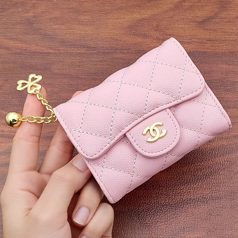 Diamond-Patterned Caviar Cf Coin Purse Card Holder for Women, New Pink High-End Wallet for Storing Documents, Compact and Chic