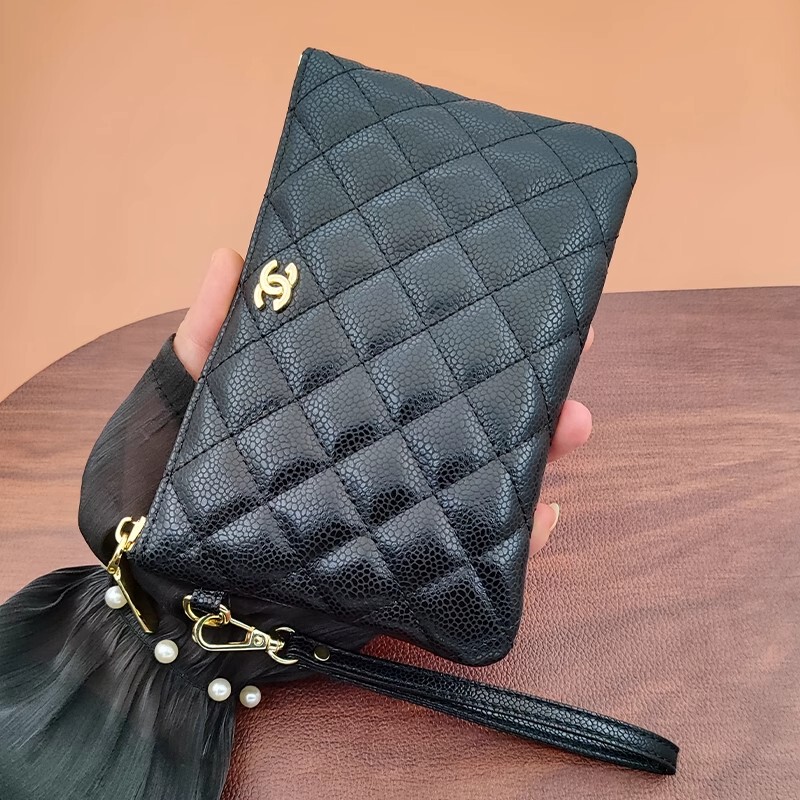 Caviar Mobile Phone Clutch Bag for Women 2025 New Genuine Leather Long Wallet Cosmetic Bag Zipper High-End Chanel Style